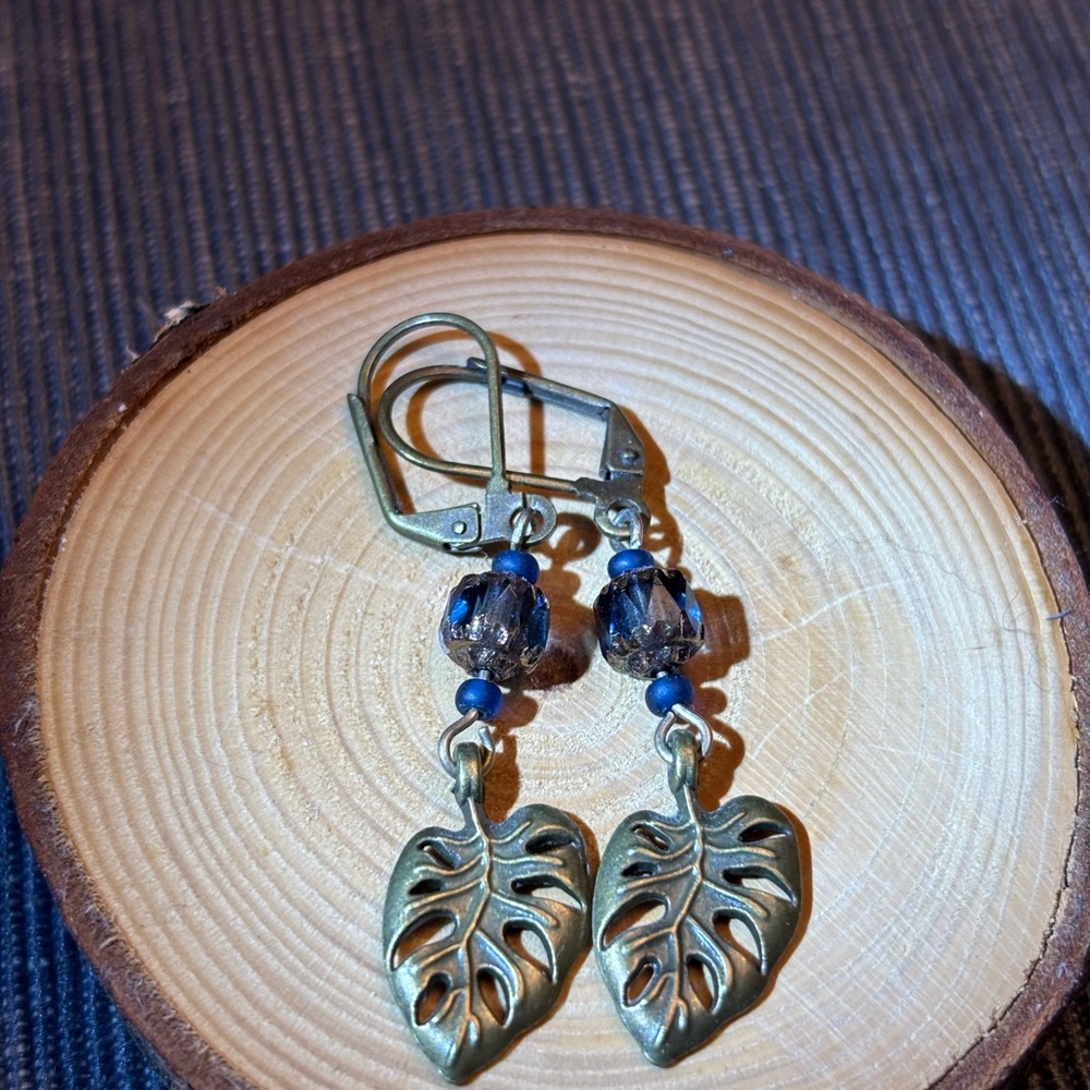 Elegant Gold Leaf Earrings with Blue Accents